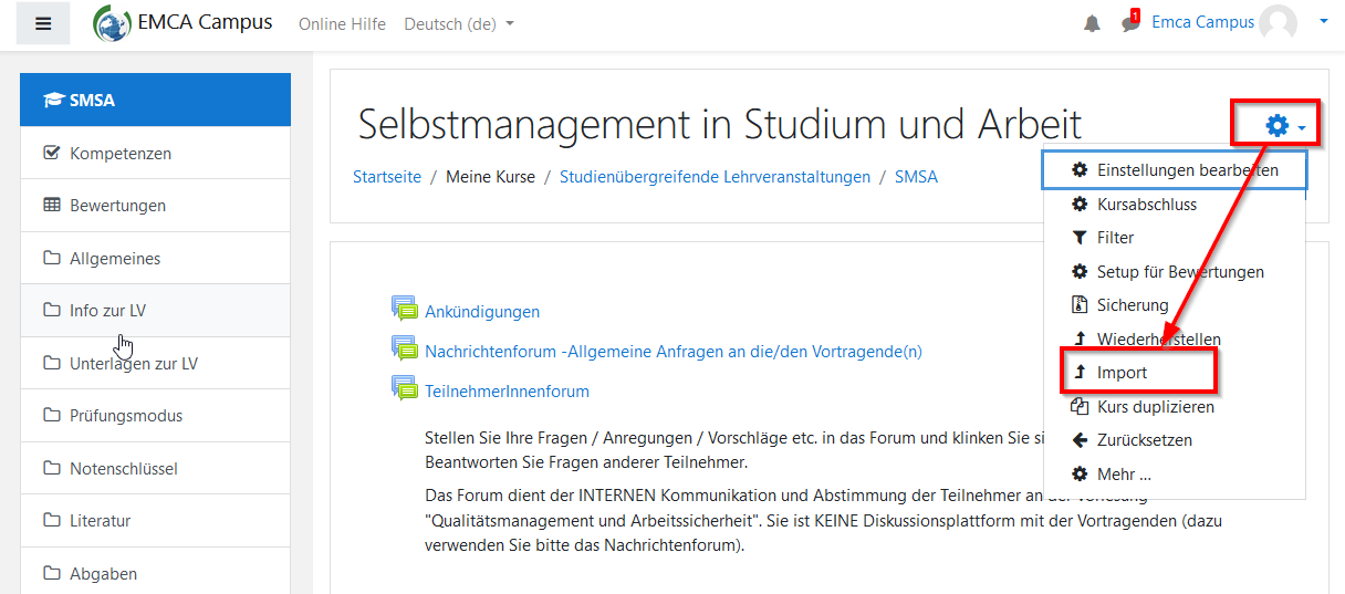 Moodle Admin Hilfe Import von Kursobjekten