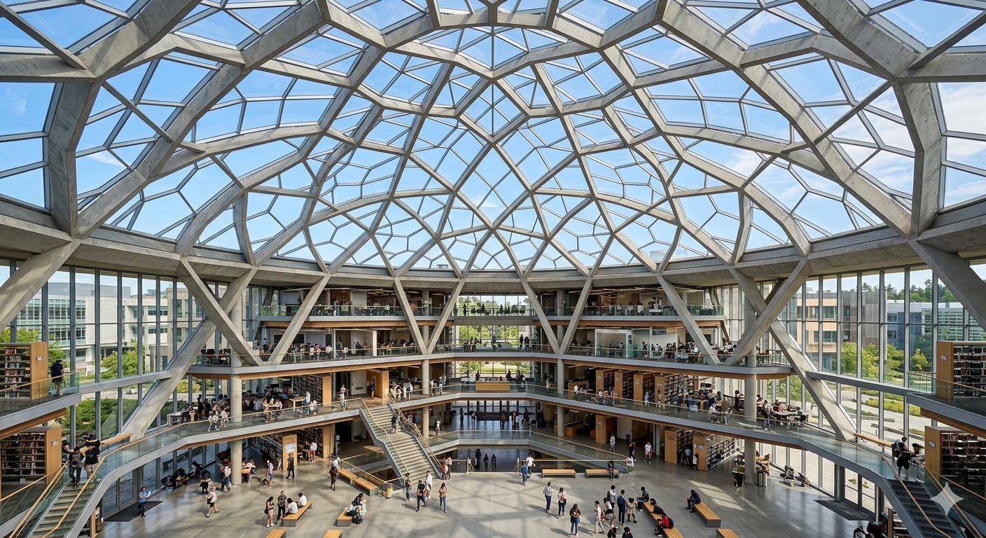  Eine weite, moderne Glaskuppel oder Betonarchitektur mit präzisen, geometrischen Streben. Symbolisiert die saubere Strukturierung komplexer Einzelteile im akademischen Raum. 