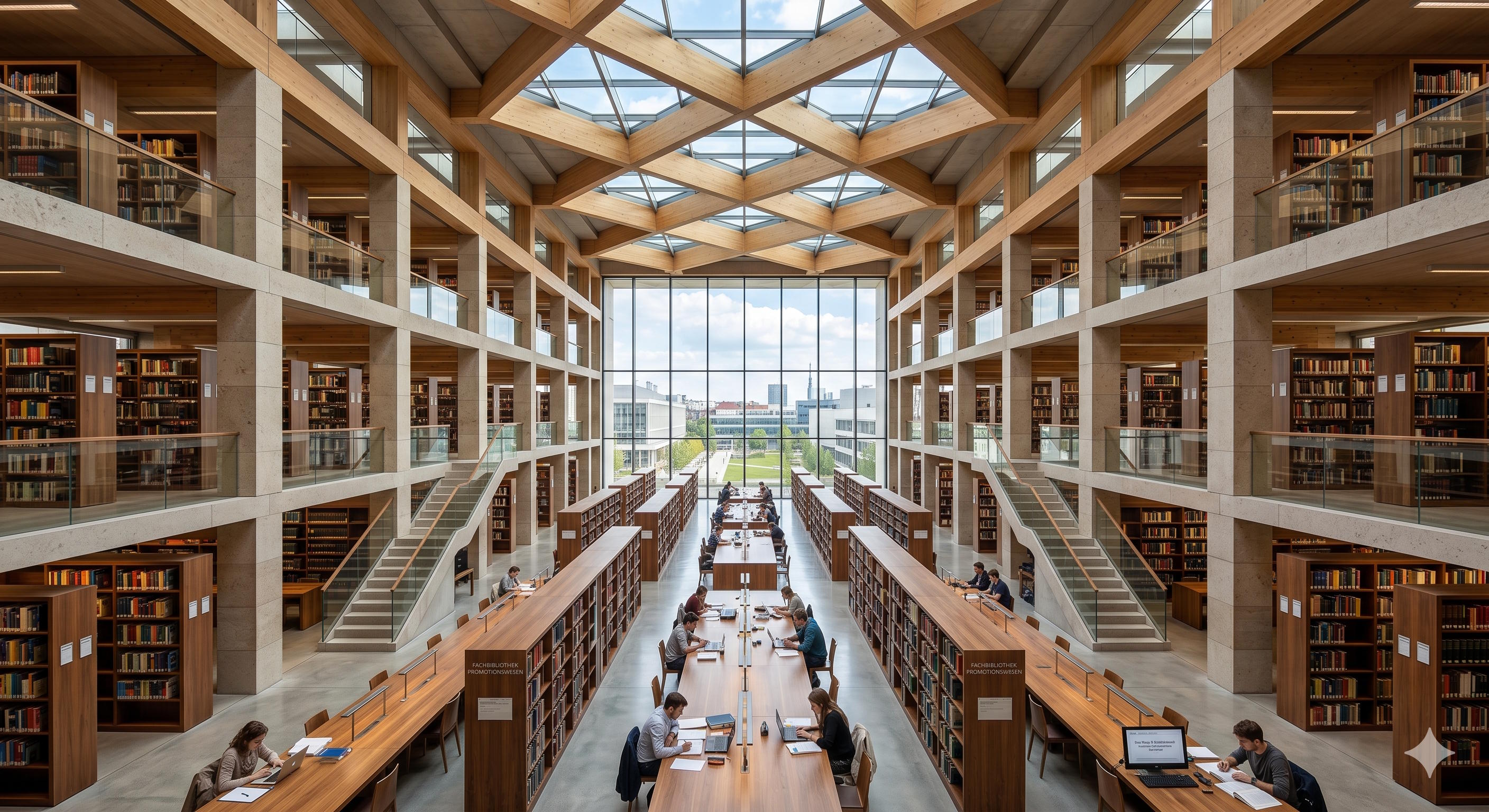  Eine weite, geradlinige, hochmoderne Universitätsbibliothek mit symmetrischen Holz- oder Steinstrukturen. Symbolisiert die übergeordnete Weitsicht, Tiefe und strukturelle Stabilität eines mehrjährigen Promotionsvorhabens. 
