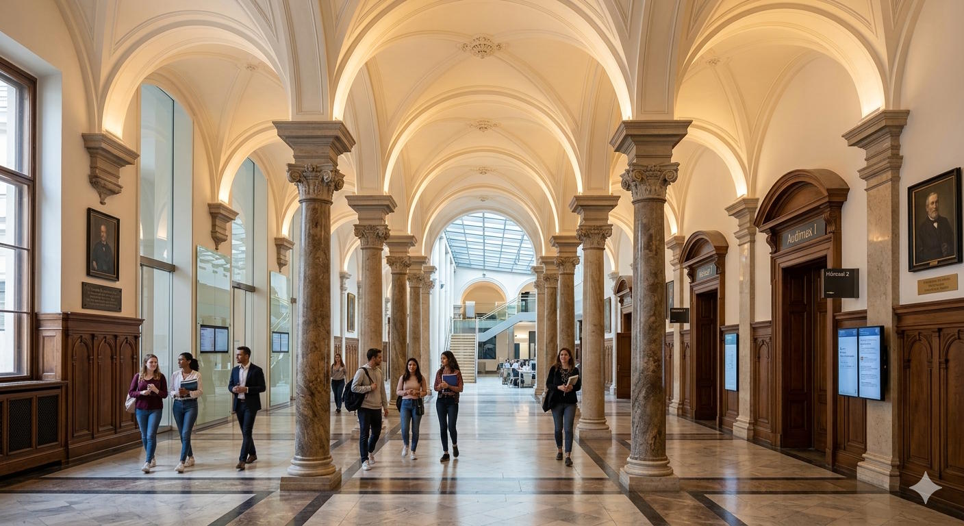  Ein herrschaftlicher Universitätsflur mit weiten Säulenreihen und moderner, weicher Deckenbeleuchtung. Schlägt visuell die Brücke zwischen langer Tradition und fortschrittlicher Klarheit. 
